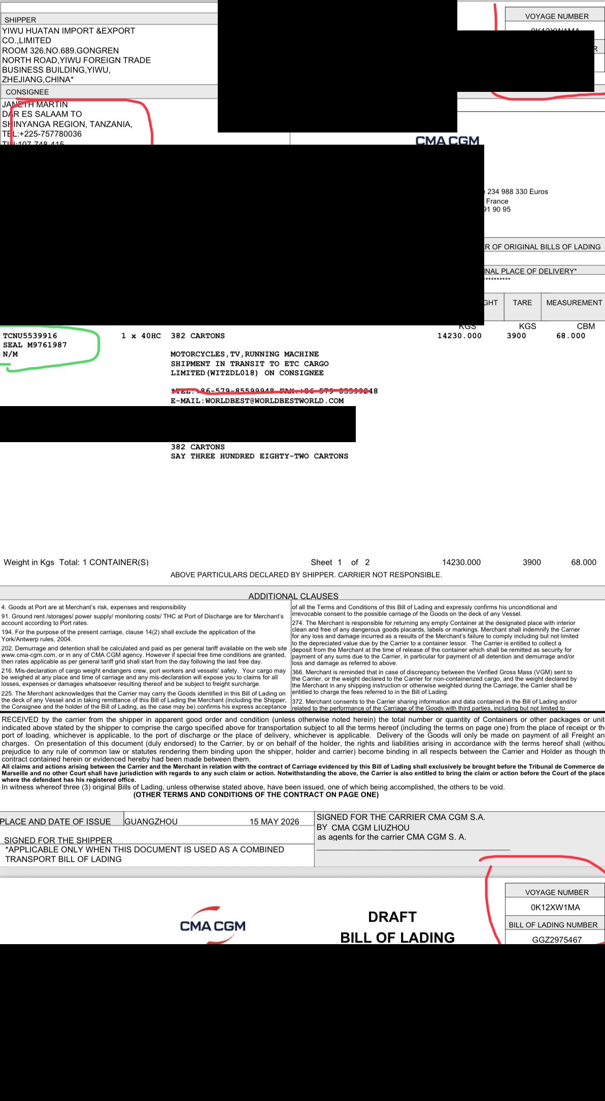 Sample Bill of Lading